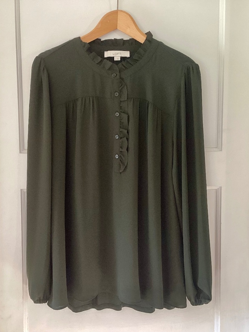 Loft Size L Dark Olive Green Henley Ruffle Trim Long Sheer Blouse Sheer Peasant